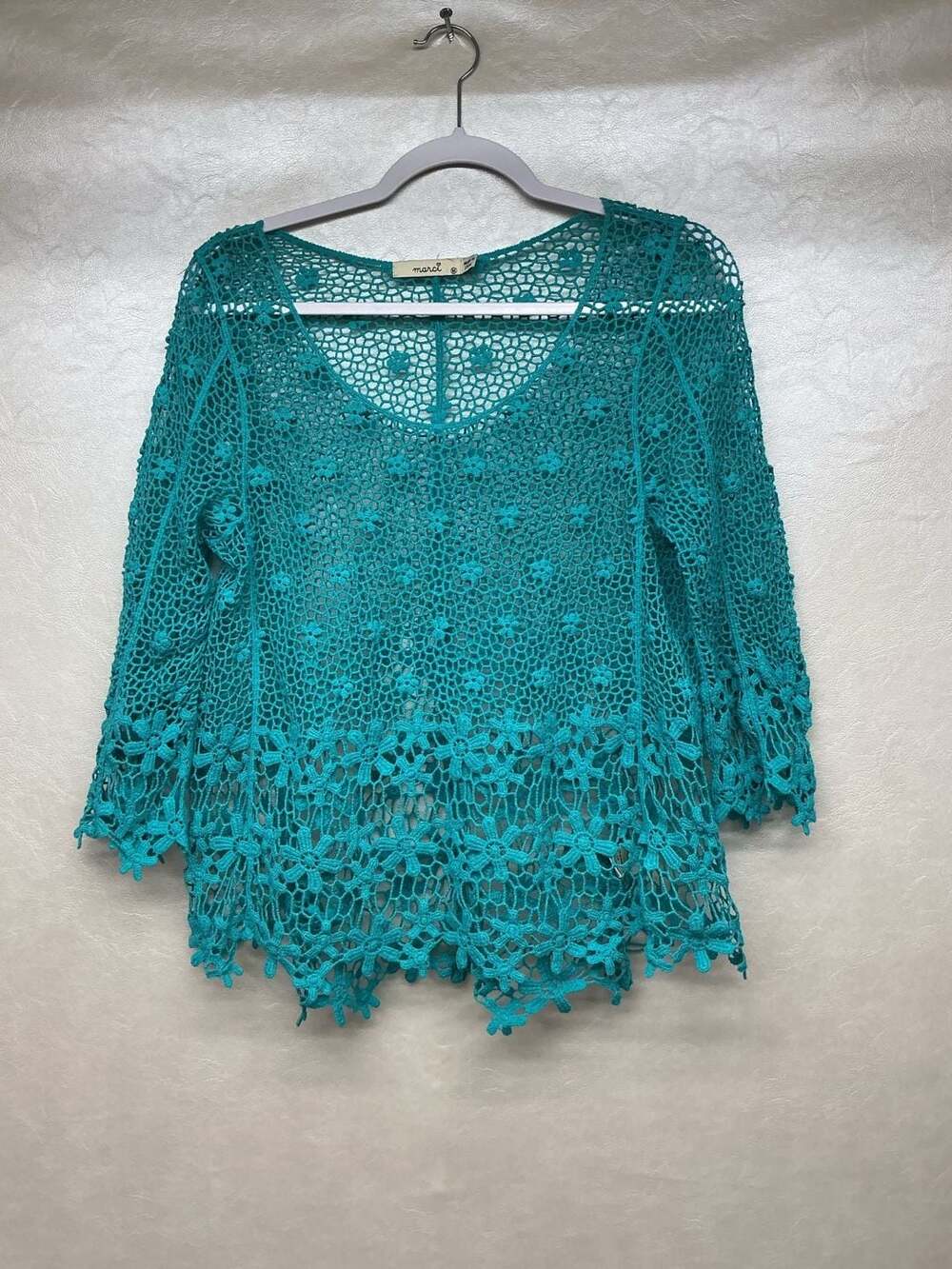 Marci Teal Blue Crochet Lace Knit Top 3/4 Sleeve Size M